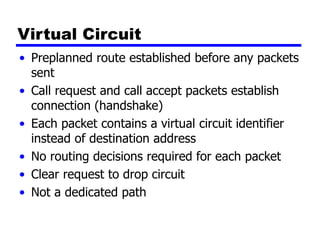 Virtual Circuit
• Preplanned route established before any packets
sent
• Call request and call accept packets establish
connection (handshake)
• Each packet contains a virtual circuit identifier
instead of destination address
• No routing decisions required for each packet
• Clear request to drop circuit
• Not a dedicated path
 
