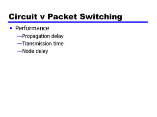 Circuit v Packet Switching
• Performance
—Propagation delay
—Transmission time
—Node delay
 