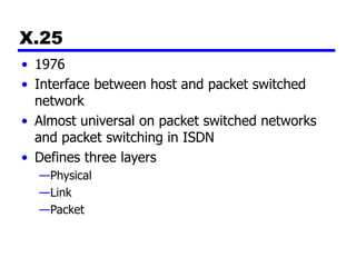 X.25
• 1976
• Interface between host and packet switched
network
• Almost universal on packet switched networks
and packet switching in ISDN
• Defines three layers
—Physical
—Link
—Packet
 