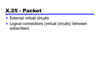 X.25 - Packet
• External virtual circuits
• Logical connections (virtual circuits) between
subscribers
 