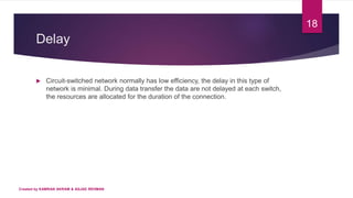 Delay
 Circuit-switched network normally has low efficiency, the delay in this type of
network is minimal. During data transfer the data are not delayed at each switch,
the resources are allocated for the duration of the connection.
Created by KAMRAN AKRAM & ASJAD REHMAN
18
 