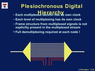 J.Tiberghien - VUBJ.Tiberghien - VUB
Plesiochronous Digital
Hierarchy– Each multiplexed section has its own clock
– Each level of multiplexing has its own clock
– Frame structure from multiplexed signals is not
explicitly present in the multiplexed stream
> Full demultiplexing required at each node !
 