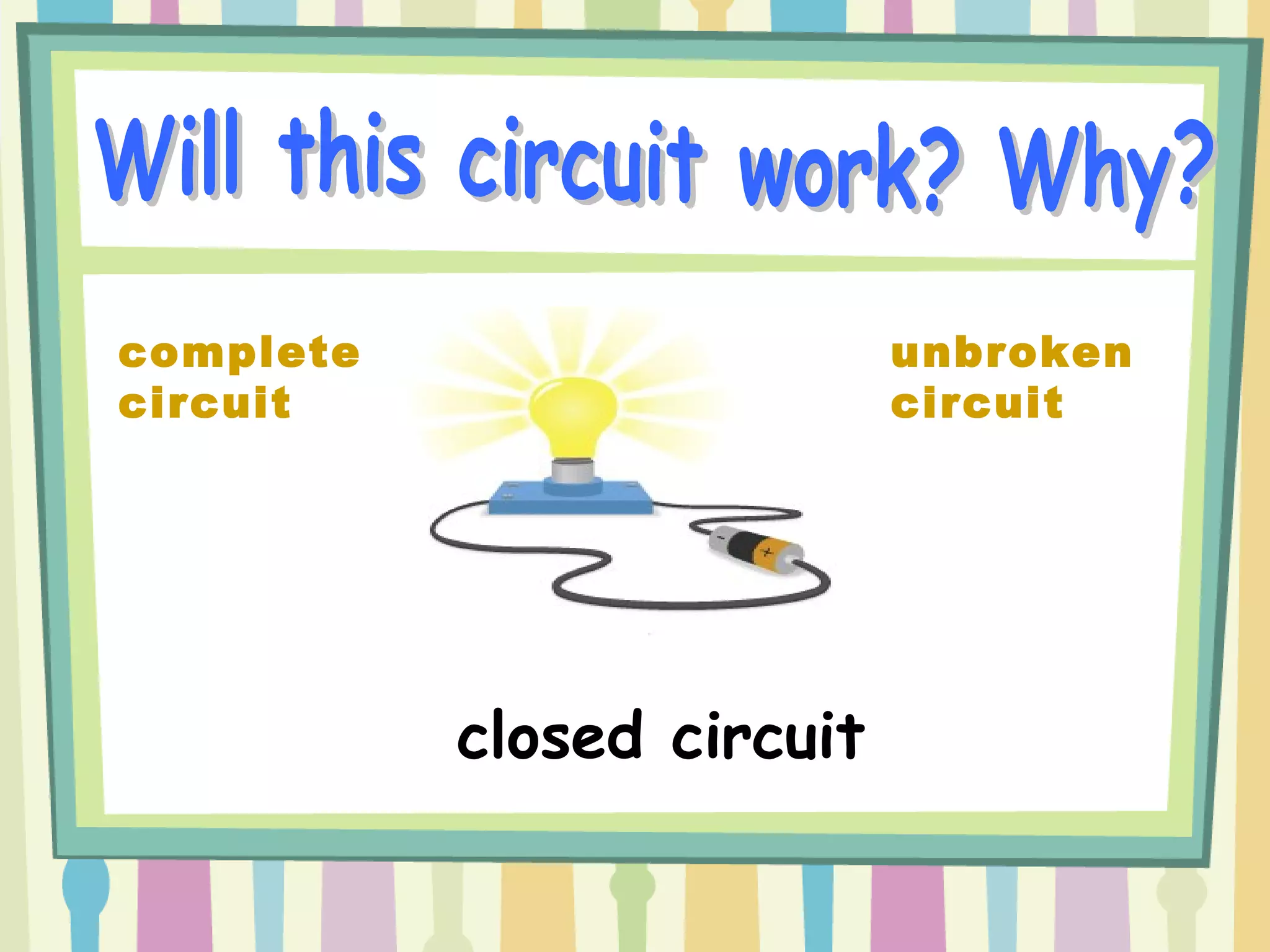 complete
circuit
closed circuit
unbroken
circuit