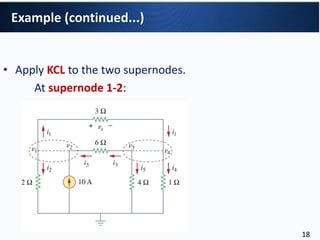 • Apply KCL to the two supernodes.
At supernode 1-2:
Example (continued...)
18
 