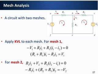 • A circuit with two meshes.
• Apply KVL to each mesh. For mesh 1,
• For mesh 2,
123131
213111
)(
0)(
ViRiRR
iiRiRV


223213
123222
)(
0)(
ViRRiR
iiRViR


Mesh Analysis
27
 