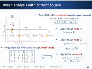 • Apply KVL in the supermesh (mesh 1 + mesh 2 + mesh 3):
• Apply KVL in mesh 4:
• Apply KCL at node P:
• Apply KCL at node Q:










































0
5
5
0
3110
0011
5400
4631
4
3
2
1
i
i
i
i
• 4 equations for 4 variables. Using Cramer’s Rule
Mesh analysis with current source
39
 