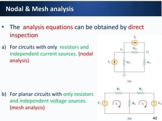 • The analysis equations can be obtained by direct
inspection
a) For circuits with only resistors and
independent current sources. (nodal
analysis)
b) For planar circuits with only resistors
and independent voltage sources.
(mesh analysis)
Nodal & Mesh analysis
40
 