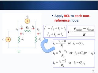 7
233
3
2
3
2122
2
21
2
111
1
1
1
or
0
)(or
or
0
vGi
R
v
i
vvGi
R
vv
i
vGi
R
v
i









1 2 1 2
2 2 3
I I i i
I i i
  
  R
vv
i lowerhigher 

 Apply KCL to each non-
reference node.
 
