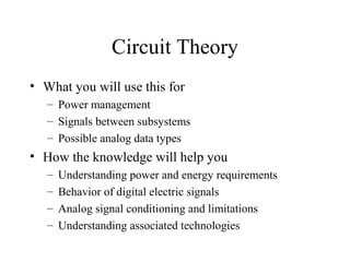 Circuit Theory
• What you will use this for
– Power management
– Signals between subsystems
– Possible analog data types
• How the knowledge will help you
– Understanding power and energy requirements
– Behavior of digital electric signals
– Analog signal conditioning and limitations
– Understanding associated technologies
 