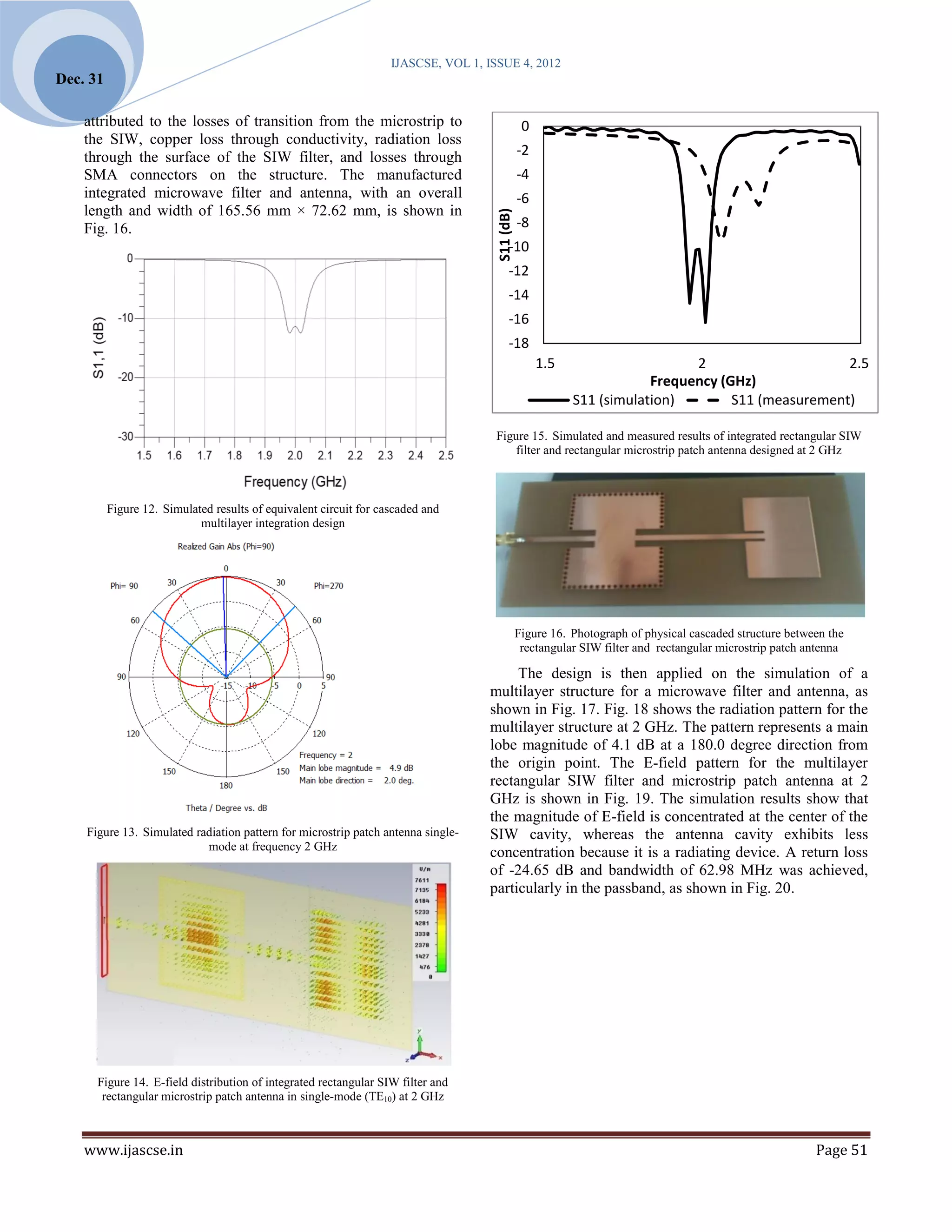 IJASCSE, VOL 1, ISSUE 4, 2012
Dec. 31

    attributed to the losses of transition from the microstrip to                                0
    the SIW, copper loss through conductivity, radiation loss
    through the surface of the SIW filter, and losses through                                   -2
    SMA connectors on the structure. The manufactured                                           -4
    integrated microwave filter and antenna, with an overall                                    -6
    length and width of 165.56 mm × 72.62 mm, is shown in




                                                                                     S11 (dB)
    Fig. 16.                                                                                    -8
                                                                                          -10
                                                                                          -12
                                                                                          -14
                                                                                          -16
                                                                                          -18
                                                                                                     1.5                     2                     2.5
                                                                                                                       Frequency (GHz)
                                                                                                           S11 (simulation)        S11 (measurement)

                                                                                    Figure 15. Simulated and measured results of integrated rectangular SIW
                                                                                        filter and rectangular microstrip patch antenna designed at 2 GHz



          Figure 12. Simulated results of equivalent circuit for cascaded and
                            multilayer integration design




                                                                                                Figure 16. Photograph of physical cascaded structure between the
                                                                                                 rectangular SIW filter and rectangular microstrip patch antenna

                                                                                        The design is then applied on the simulation of a
                                                                                   multilayer structure for a microwave filter and antenna, as
                                                                                   shown in Fig. 17. Fig. 18 shows the radiation pattern for the
                                                                                   multilayer structure at 2 GHz. The pattern represents a main
                                                                                   lobe magnitude of 4.1 dB at a 180.0 degree direction from
                                                                                   the origin point. The E-field pattern for the multilayer
                                                                                   rectangular SIW filter and microstrip patch antenna at 2
                                                                                   GHz is shown in Fig. 19. The simulation results show that
                                                                                   the magnitude of E-field is concentrated at the center of the
    Figure 13. Simulated radiation pattern for microstrip patch antenna single-    SIW cavity, whereas the antenna cavity exhibits less
                           mode at frequency 2 GHz
                                                                                   concentration because it is a radiating device. A return loss
                                                                                   of -24.65 dB and bandwidth of 62.98 MHz was achieved,
                                                                                   particularly in the passband, as shown in Fig. 20.




      Figure 14. E-field distribution of integrated rectangular SIW filter and
       rectangular microstrip patch antenna in single-mode (TE10) at 2 GHz



    www.ijascse.in                                                                                                                                        Page 51
 