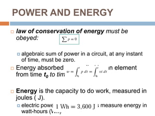 POWER AND ENERGYPassive sign convention is satisfied when the current enters through the positive terminal of an element and p = +vi. If the current enters through the negative terminal, p = −vi.