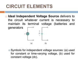 CIRCUIT ELEMENTSTwo types of elements found in electric circuits:Passive element – not capable of generating energy (resistors, capacitors, and inductors)Active element - capable of generating energy (generators, batteries, and operational amplifiers)Two kinds of sources:Independent Sources - an active element that provides a specified voltage or current that is completely independent of other circuit variablesDependent Sources - an active element in which the source quantity is controlled by another voltage or current. (transistors, operational amplifiers and integrated circuits)