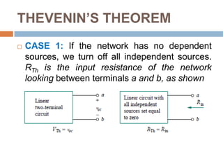 THEVENIN’S THEOREMDeveloped in 1883 by M. Leon Thevenin (1857–1926), a French telegraph engineerThevenin’s theorem states that a linear two-terminal circuit can be replaced by an equivalent circuit consisting of a voltage source VTh in series with a resistor RTh, where VTh is the open-circuit voltage at the terminals and RTh is the input or equivalent resistance at the terminals when the independent sources are turned off.