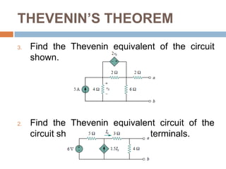 THEVENIN’S THEOREMFind the Thevenin equivalent circuit of the circuit shown, to the left of the terminals a-b. Then find the current through RL = 6Ω, 16Ω, and 36Ω .Using Thevenin’s theorem, find the equivalent circuit to the left of the terminals in the circuit. Then find i.