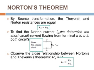 NORTON’S THEOREMDeveloped by E. L. Norton, an American engineer at Bell Telephone Laboratories in 1926, about 43 years after Thevenin published his theorem.Norton’s theorem states that a linear two-terminal circuit can be replaced by an equivalent circuit consisting of a current source IN in parallel with a resistor RN, where IN is the short-circuit current through the terminals and RN is the input or equivalent resistance at the terminals when the independent sources are turned off.