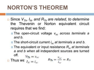 NORTON’S THEOREMBy Source transformation, the Thevenin and Norton resistances are equalTo find the Norton current IN,we determine the short-circuit current flowing from terminal a to b in both circuits . Observe the close relationship between Norton’s and Thevenin’s theorems: RN = RTh