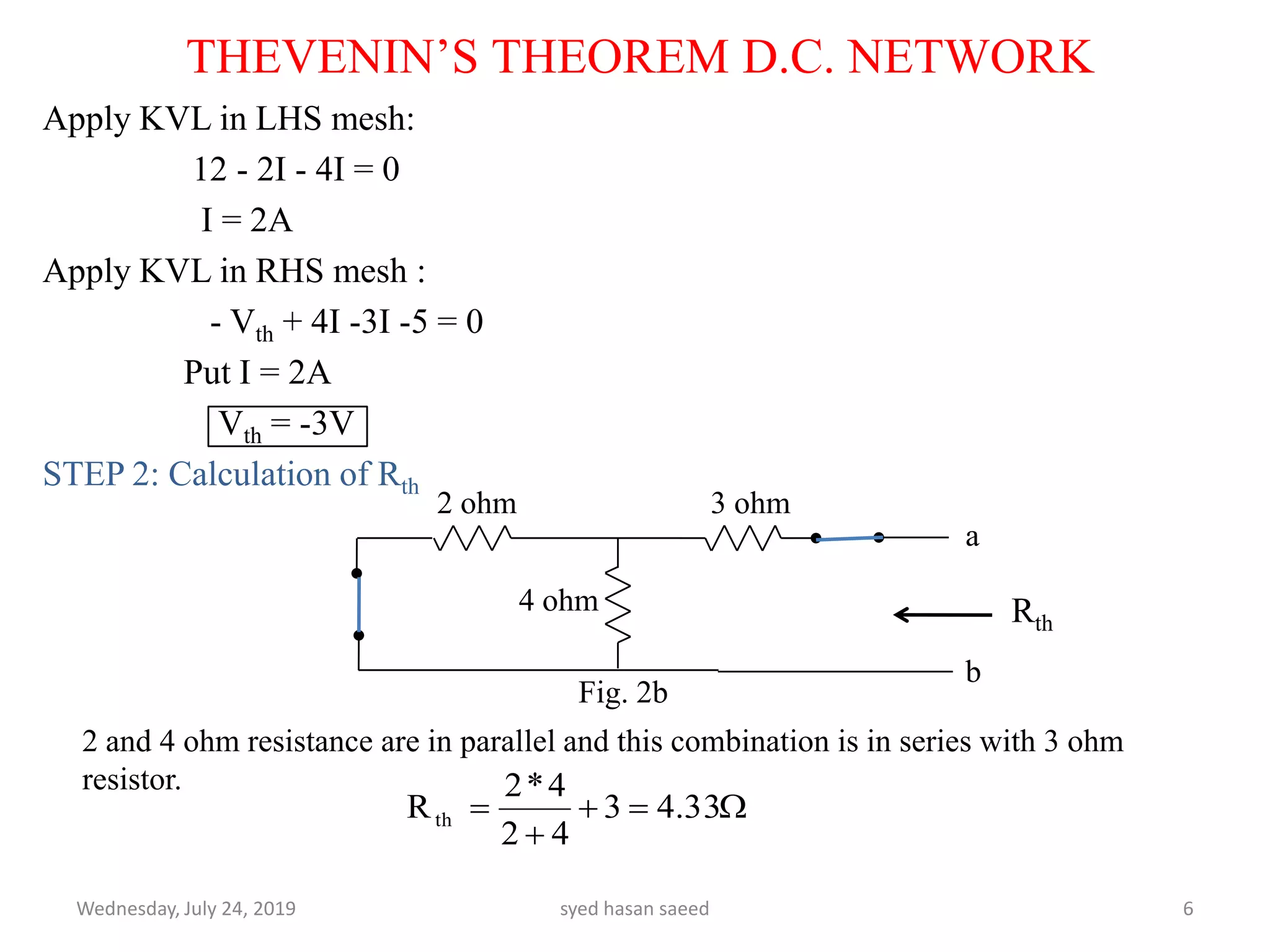 Apply KVL in LHS mesh:
12 - 2I - 4I = 0
I = 2A
Apply KVL in RHS mesh :
- Vth + 4I -3I -5 = 0
Put I = 2A
Vth = -3V
STEP 2: Calculation of Rth
Wednesday, July 24, 2019 syed hasan saeed 6
THEVENIN’S THEOREM D.C. NETWORK
2 ohm 3 ohm
4 ohm Rth
a
b
2 and 4 ohm resistance are in parallel and this combination is in series with 3 ohm
resistor.


 33.43
42
4*2
Rth
Fig. 2b
 