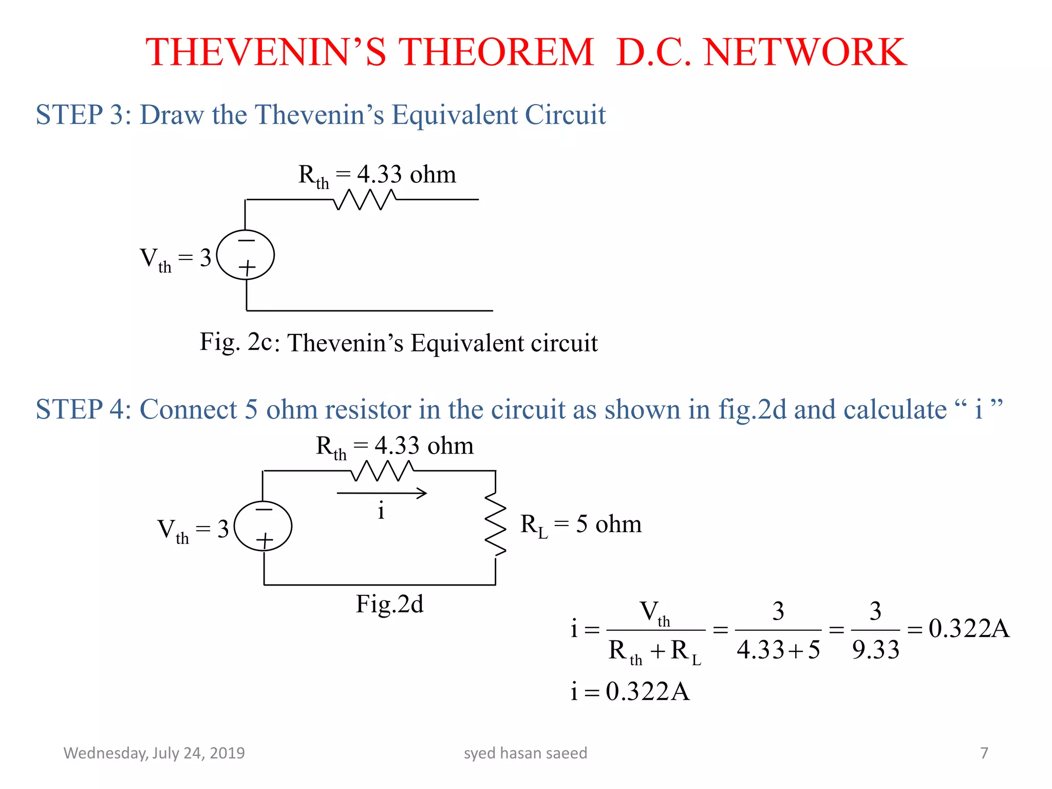 THEVENIN’S THEOREM D.C. NETWORK
STEP 3: Draw the Thevenin’s Equivalent Circuit
STEP 4: Connect 5 ohm resistor in the circuit as shown in fig.2d and calculate “ i ”
Wednesday, July 24, 2019 syed hasan saeed 7
Vth = 3
Rth = 4.33 ohm
Fig. 2c
Vth = 3
Rth = 4.33 ohm
RL = 5 ohm
i
: Thevenin’s Equivalent circuit
Fig.2d
0.322Ai
A322.0
33.9
3
533.4
3
RR
V
i
Lth
th






 