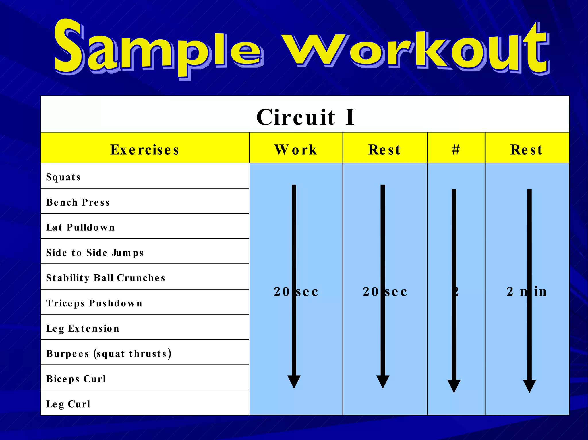 Sample Workout Circuit I Exercises Work Rest # Rest Squats 20 sec 20 sec 2 2 min Bench Press Lat Pulldown Side to Side Jumps Stability Ball Crunches Triceps Pushdown Leg Extension Burpees (squat thrusts) Biceps Curl Leg Curl 