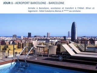 JOUR 1 - AEROPORT BARCELONE - BARCELONE
               Arrivée à Barcelone, assistance et transfert à l’Hôtel. Dîner et
               logement - hôtel Catalonia Atenas 4 **** ou similaire
 