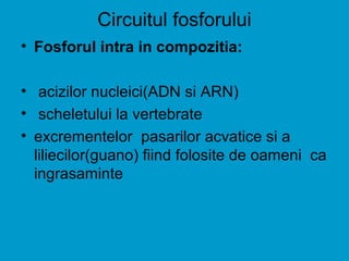 Circuitul fosforului
• Fosforul intra in compozitia:
• acizilor nucleici(ADN si ARN)
• scheletului la vertebrate
• excrementelor pasarilor acvatice si a
liliecilor(guano) fiind folosite de oameni ca
ingrasaminte
 