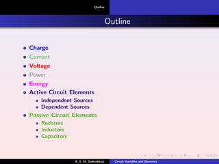 Outline
Outline
Charge
Current
Voltage
Power
Energy
Active Circuit Elements
Independent Sources
Dependent Sources
Passive Circuit Elements
Resistors
Inductors
Capacitors
A. S. M. Badrudduza Circuit Variables and Elements
 