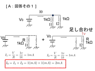 I0
[ A：回答その１ ]
I1 I2
I1 I2
+
足し合わせ
1v
R
V0
V0 V0
1kΩ 1kΩ
R
1kΩ 1kΩ
 