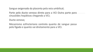 Sangue oxigenado da placenta pela veia umbilical;
Parte pelo ducto venoso direto para a VCI Outra parte para
sinusóides hepáticos chegando a VCI;
Ducto venoso;
Mecanismo esfincteriano controla quanto de sangue passa
pelo fígado e quanto vai diretamente para a VCI.
 