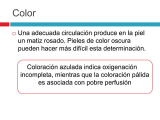 Color
 Una adecuada circulación produce en la piel
un matiz rosado. Pieles de color oscura
pueden hacer más difícil esta determinación.
Coloración azulada indica oxigenación
incompleta, mientras que la coloración pálida
es asociada con pobre perfusión
 