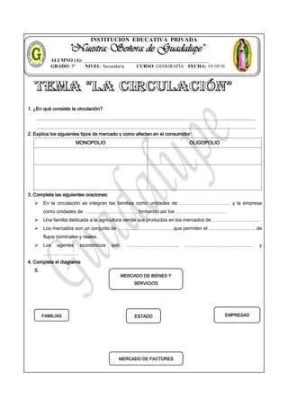 INSTITUCIÓN EDUCATIVA PRIVADA
1. ¿En qué consiste la circulación?
2. Explica los siguientes tipos de mercado y como afectan en el consumidor:
MONOPOLIO OLIGOPOLIO
3. Completa las siguientes oraciones:
 En la circulación se integran las familias como unidades de ………………………….. y la empresa
como unidades de …………………………… formando así los ………………………….
 Una familia dedicada a la agricultura vende sus productos en los mercados de …………………………
 Los mercados son un conjunto de ……………………………..que permiten el ……………………….. de
flujos nominales y reales.
 Los agentes económicos son: ………………………….., ……………………………………. y
………………….
4. Completa el diagrama
5.
ALUMNO (A): ____________________________________________________
GRADO: 5º NIVEL: Secundaria CURSO: GEOGRAFÍA FECHA: 19/10/16
MERCADO DE BIENES Y
SERVICIOS
MERCADO DE FACTORES
EMPRESASFAMILIAS ESTADO
 