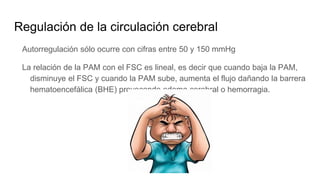 Regulación de la circulación cerebral
Autorregulación sólo ocurre con cifras entre 50 y 150 mmHg
La relación de la PAM con el FSC es lineal, es decir que cuando baja la PAM,
disminuye el FSC y cuando la PAM sube, aumenta el flujo dañando la barrera
hematoencefálica (BHE) provocando edema cerebral o hemorragia.
 