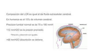 Composición del LCR es igual al del fluido extracelular cerebral.
En humanos es el 15% de volumen cerebral.
Precision lumbar normal es de 70 a 180 mmH2O
112 mmH2O es la presión promedio.
Filtración y absorción son iguales.
>68 mmH2O absorbción se detiene.
 