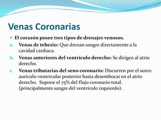 Venas CoronariasEl corazón posee tres tipos de drenajes venosos.Venas de tebesio: Que drenan sangre directamente a la cavidad cardiaca.Venas anteriores del ventrículo derecho: Se dirigen al atrio derecho.Venas tributarias del seno coronario: Discurren por el surco auriculo-ventricular posterior hasta desembocar en el atrio derecho.  Supone el 75% del flujo coronario total. (principalmente sangre del ventrículo izquierdo).