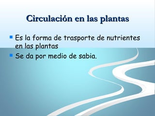 Circulación en las plantas
   Es la forma de trasporte de nutrientes
    en las plantas
   Se da por medio de sabia.
 