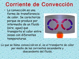 Corriente de Convección
• La convección es una
forma de transferencia
de calor. Se caracteriza
porque se produce por
intermedio de un fluido
(aire, agua) que
transporta el calor entre
zonas con diferentes
temperaturas.
Lo que se llama convección en sí, es el transporte de calor
por medio de las corrientes ascendente y
descendente del fluido.
 