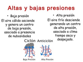 Altas y bajas presiones
• Baja presión
El aire cálido asciende
y genera un centro
de baja presión,
asociado a presencia
de nubosidades
• Alta presión
El aire frío desciende
generando un centro
de alta presión,
asociado a clima
tiempo seco y
despejado.
 