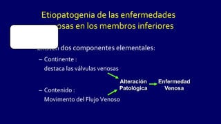 Etiopatogenia de las enfermedades
venosas en los membros inferiores
• Existen dos componentes elementales:
– Continente :
destaca las válvulas venosas
– Contenido :
Movimento del Flujo Venoso
Alteración
Patológica
Enfermedad
Venosa
 