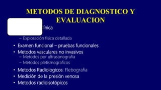 METODOS DE DIAGNOSTICO Y
EVALUACION
• Valoración clínica
– Anamnesis
– Exploración física detallada
• Examen funcional – pruebas funcionales
• Metodos vasculares no invasivos
– Metodos por ultrasonografia
– Metodos pletismograficos
• Metodos Radiologicos: Flebografia
• Medición de la presión venosa
• Metodos radioisotópicos
 