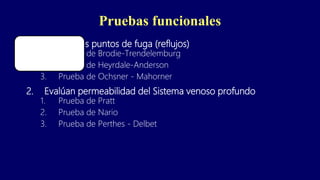 1. Evalúan los puntos de fuga (reflujos)
1. Prueba de Brodie-Trendelemburg
2. Prueba de Heyrdale-Anderson
3. Prueba de Ochsner - Mahorner
2. Evalúan permeabilidad del Sistema venoso profundo
1. Prueba de Pratt
2. Prueba de Nario
3. Prueba de Perthes - Delbet
Pruebas funcionales
 