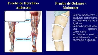 Prueba de Heyrdale-
Anderson
• Relleno rápido entre 2
ligaduras: comunicante
insuficiente entre las 2
ligaduras.
• Relleno brusco al soltar
una ligadura:
comunicante
insuficiente a nivel o
inmediatamente por
encima de la ligadura.
Prueba de Ochsner -
Mahorner
 