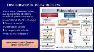 CONSIDERACIONES FISIOPATOLÓGICAS
Alteración en el retorno venoso,
que compromete el sistema
superficial, profundo o ambos.
MECANISMOS DE ALTERACIÓN:
❖Bomba muscular
❖Obstrucción venosa
❖Incompetencia valvular
❖Falla cardíaca derecha.
DENOMINADOR COMÚN: PRESIÓN
VENOSA AMBULATORIA
 