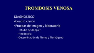 TROMBOSIS VENOSA
DIAGNOSTICO
•Cuadro clínico
•Pruebas de imagen y laboratorio
•Estudio de doppler
•Flebografia
•Determinación de fibrina y fibrinógeno
 