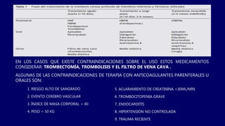 EN LOS CASOS QUE EXISTE CONTRAINDICACIONES SOBRE EL USO ESTOS MEDICAMENTOS
CONSIDERAR: TROMBECTOMÍA, TROMBOLISIS Y EL FILTRO DE VENA CAVA .
ALGUNAS DE LAS CONTRAINDICACIONES DE TERAPIA CON ANTICOAGULANTES PARENTERALES U
ORALES SON:
1. RIESGO ALTO DE SANGRADO
2. EVENTO CEREBRO VASCULAR
3. ÍNDICE DE MASA CORPORAL > 40
4. PESO < 50 KG
5. ACLARAMIENTO DE CREATININA <30ML/MIN
6. TROMBOCITOPENIA GRAVE
7. ENDOCARDITIS
8. HIPERTENSIÓN NO CONTROLADA
9. TRAUMA RECIENTE
 