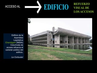 ACCESO AL
Edificio de la
Asamblea
Legislativa
Chandigarh (INDIA)
Columnata de
acceso refuerza el
carácter público del
edificio.
Le Corbusier
 