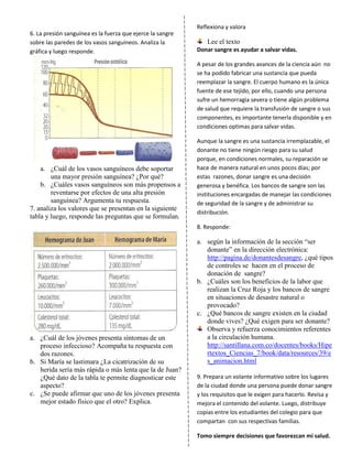6. La presión sanguínea es la fuerza que ejerce la sangre
sobre las paredes de los vasos sanguíneos. Analiza la
gráfica y luego responde.
a. ¿Cuál de los vasos sanguíneos debe soportar
una mayor presión sanguínea? ¿Por qué?
b. ¿Cuáles vasos sanguíneos son más propensos a
reventarse por efectos de una alta presión
sanguínea? Argumenta tu respuesta.
7. analiza los valores que se presentan en la siguiente
tabla y luego, responde las preguntas que se formulan.
a. ¿Cuál de los jóvenes presenta síntomas de un
proceso infeccioso? Acompaña tu respuesta con
dos razones.
b. Si María se lastimara ¿La cicatrización de su
herida sería más rápida o más lenta que la de Juan?
¿Qué dato de la tabla te permite diagnosticar este
aspecto?
c. ¿Se puede afirmar que uno de los jóvenes presenta
mejor estado físico que el otro? Explica.
Reflexiona y valora
Lee el texto
Donar sangre es ayudar a salvar vidas.
A pesar de los grandes avances de la ciencia aún no
se ha podido fabricar una sustancia que pueda
reemplazar la sangre. El cuerpo humano es la única
fuente de ese tejido, por ello, cuando una persona
sufre un hemorragia severa o tiene algún problema
de salud que requiere la transfusión de sangre o sus
componentes, es importante tenerla disponible y en
condiciones optimas para salvar vidas.
Aunque la sangre es una sustancia irremplazable, el
donante no tiene ningún riesgo para su salud
porque, en condiciones normales, su reparación se
hace de manera natural en unos pocos días; por
estas razones, donar sangre es una decisión
generosa y benéfica. Los bancos de sangre son las
instituciones encargadas de manejar las condiciones
de seguridad de la sangre y de administrar su
distribución.
8. Responde:
a. según la información de la sección “ser
donante” en la dirección electrónica:
http://pagina.de/donantesdesangre, ¿qué tipos
de controles se hacen en el proceso de
donación de sangre?
b. ¿Cuáles son los beneficios de la labor que
realizan la Cruz Roja y los bancos de sangre
en situaciones de desastre natural o
provocado?
c. ¿Qué bancos de sangre existen en la ciudad
donde vives? ¿Qué exigen para ser donante?
Observa y refuerza conocimientos referentes
a la circulación humana.
http://santillana.com.co/docentes/books/Hipe
rtextos_Ciencias_7/book/data/resources/39/e
s_animacion.html
9. Prepara un volante informativo sobre los lugares
de la ciudad donde una persona puede donar sangre
y los requisitos que le exigen para hacerlo. Revisa y
mejora el contenido del volante. Luego, distribuye
copias entre los estudiantes del colegio para que
compartan con sus respectivas familias.
Tomo siempre decisiones que favorezcan mi salud.
 