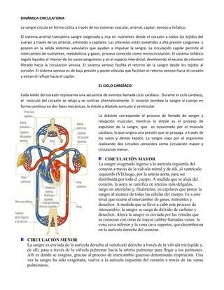 DINÁMICA CIRCULATORIA
La sangre circula en forma cíclica a través de los sistemas vascular, arterial, capilar, venoso y linfático.
El sistema arterial transporta sangre oxigenada y rica en nutrientes desde el corazón a todos los tejidos del
cuerpo a través de las arterias, arteriolas y capilares. Las arteriolas están sometidas a alta presión sanguínea y
poseen en la salida sistemas valvulares que ayudan a impulsar la sangre. La circulación capilar permite el
intercambio de nutrientes, metabólicos y gases, proceso conocido como microcirculación. El sistema linfático
regula líquidos al interior de los vasos sanguíneos y en el espacio intersticial, devolviendo el exceso de volumen
filtrado hacia la circulación venosa. El sistema venoso facilita el retorno de la sangre desde los tejidos al
corazón. El sistema venoso es de baja presión y posee válvulas que facilitan el retorno venoso hacia el corazón
y evitan el reflujo hacia el capilar.
EL CICLO CARDÍACO
Cada latido del corazón representa una secuencia de eventos llamada ciclo cardíaco. Durante el ciclo cardíaco,
el músculo del corazón se relaja y se contrae alternativamente. El corazón bombea la sangre al cuerpo en
forma continua en dos fases mecánicas: la sístole y diástole auricular y ventricular.
La diástole corresponde al proceso de llenado de sangre y
relajación muscular; mientras la sístole es el proceso de
expulsión de la sangre, que es ocasionada por el músculo
cardíaco, lo que origina una presión que se propaga a través de
los vasos y demás tejidos. La sangre viaja por el organismo
realizando dos circuitos conocidos como circulación mayor y
circulación menor.
CIRCULACIÓN MAYOR
La sangre oxigenada ingresa a la aurícula izquierda del
corazón a través de la válvula mitral y de allí, al ventrículo
izquierdo (VI).luego, por la arteria aorta, para ser
distribuida por todo el cuerpo. A medida que se aleja del
corazón, la aorta se ramifica en arterias más delgadas,
luego en arteriolas y, finalmente, en capilares que ponen la
sangre al alcance de todas las células del cuerpo. Es a este
nivel que ocurre el intercambio de gases, nutrientes y
desechos. A medida que se lleva a cabo este proceso de
intercambio, la sangre se carga de dióxido de carbono y
desechos. Ahora la sangre es enviada por las vénulas que
se conectan con otras de mayor calibre llamadas venas: la
vena cava inferior y la vena cava superior, que desembocan
en la aurícula derecha del corazón.
CIRCULACIÓN MENOR
La sangre es enviada de la aurícula derecha al ventrículo derecho a través de la válvula tricúspide y,
de allí, pasa a través de la válvula pulmonar hacia la arteria pulmonar para llegar a los pulmones.
Allí es donde se oxigena, gracias al proceso de intercambio gaseoso denominado respiración. Una
vez la sangre ha sido oxigenada, vuelve a la aurícula izquierda del corazón a través de las venas
pulmonares.
 