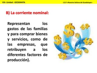 Representan los
gastos de las familias
y para comprar bienes
y servicios, como de
las empresas, que
retribuyen a los
diferentes factores de
producción).
En el diagrama se observa también dos flujos:
VIII- Unidad : GEOGRAFÍA I.E.P «Nuestra Señora de Guadalupe»
 