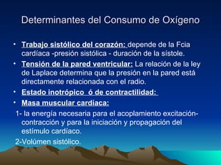 Determinantes del Consumo de Oxígeno

• Trabajo sistólico del corazón: depende de la Fcia
   cardíaca -presión sistólica - duración de la sístole.
• Tensión de la pared ventricular: La relación de la ley
   de Laplace determina que la presión en la pared está
   directamente relacionada con el radio.
• Estado inotrópico ó de contractilidad:
• Masa muscular cardíaca:
 1- la energía necesaria para el acoplamiento excitación-
   contracción y para la iniciación y propagación del
   estímulo cardíaco.
 2-Volúmen sistólico.
 