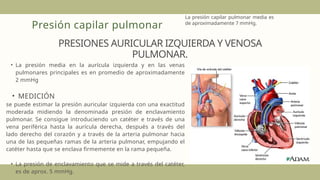 Presión capilar pulmonar
La presión capilar pulmonar media es
de aproximadamente 7 mmHg.
• La presión media en la aurícula izquierda y en las venas
pulmonares principales es en promedio de aproximadamente
2 mmHg
• MEDICIÓN
se puede estimar la presión auricular izquierda con una exactitud
moderada midiendo la denominada presión de enclavamiento
pulmonar. Se consigue introduciendo un catéter e través de una
vena periférica hasta la aurícula derecha, después a través del
lado derecho del corazón y a través de la arteria pulmonar hacia
una de las pequeñas ramas de la arteria pulmonar, empujando el
catéter hasta que se enclava firmemente en la rama pequeña.
• La presión de enclavamiento que se mide a través del catéter,
es de aprox. 5 mmHg.
PRESIONES AURICULAR IZQUIERDA Y VENOSA
PULMONAR.
 
