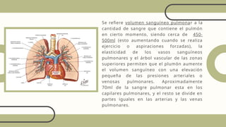 Se refiere volumen sanguíneo pulmonar a la
cantidad de sangre que contiene el pulmón
en cierto momento, siendo cerca de 450-
500ml (esto aumentando cuando se realiza
ejercicio o aspiraciones forzadas), la
elasticidad de los vasos sanguíneos
pulmonares y el árbol vascular de las zonas
superiores permiten que el plumón aumente
el volumen sanguíneo con una elevación
pequeña de las presiones arteriales o
venosas pulmonares. Aproximadamente
70ml de la sangre pulmonar esta en los
capilares pulmonares, y el resto se divide en
partes iguales en las arterias y las venas
pulmonares.
 